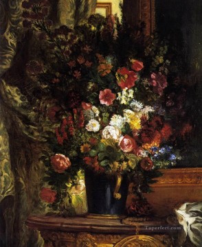 Flores Painting - Un jarrón de flores sobre una consola Eugene Delacroix